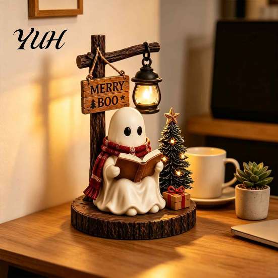 Miniature Ghost Ornaments Halloween Figurine, Vintage Cozy Reading Book/Walking Dog Statue with Lantern, Funny Statues Light Up Spooky Resin Tabletop