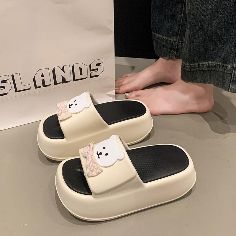 Fashion Milk Cute Bear Thick-bottomed Cool Slippers Women's Summer Small Muffin One-word Drag Outside Wearing Cartoon V Slippers