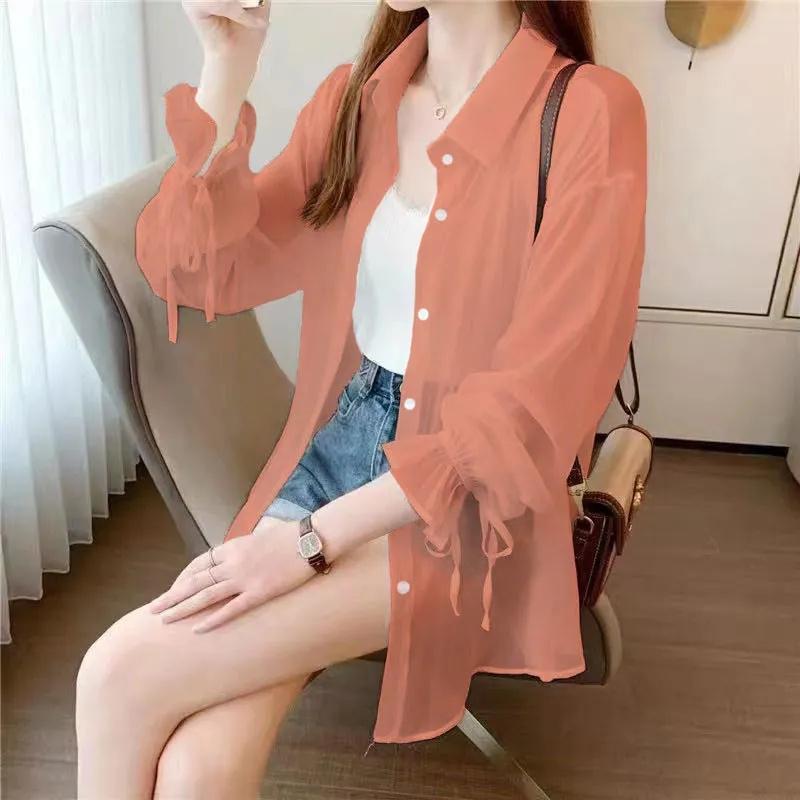 Women Thin Shirts Summer Perspective Solid Korean Sun Shirt Long Sleeve Fashion Korean Ladies Top Sunscreen Clothing