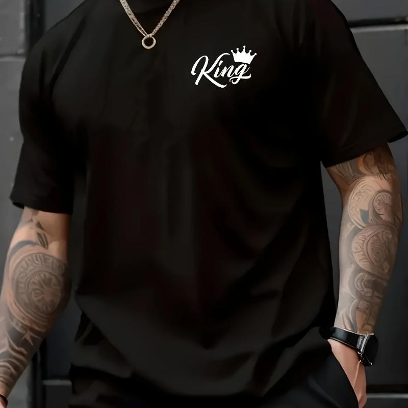 Men's Cotton T-shirt - Casual Crew Neck, 'KING' Crown Graphic, Short Sleeves, Fashionable for Summer, Machine Washable