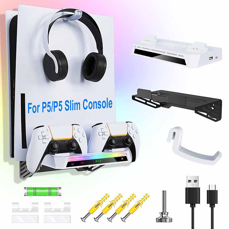 PS5 Wall Mount Kit: Console Bracket, Elite Controller Charger, Headphone Hanger, RGB Lights