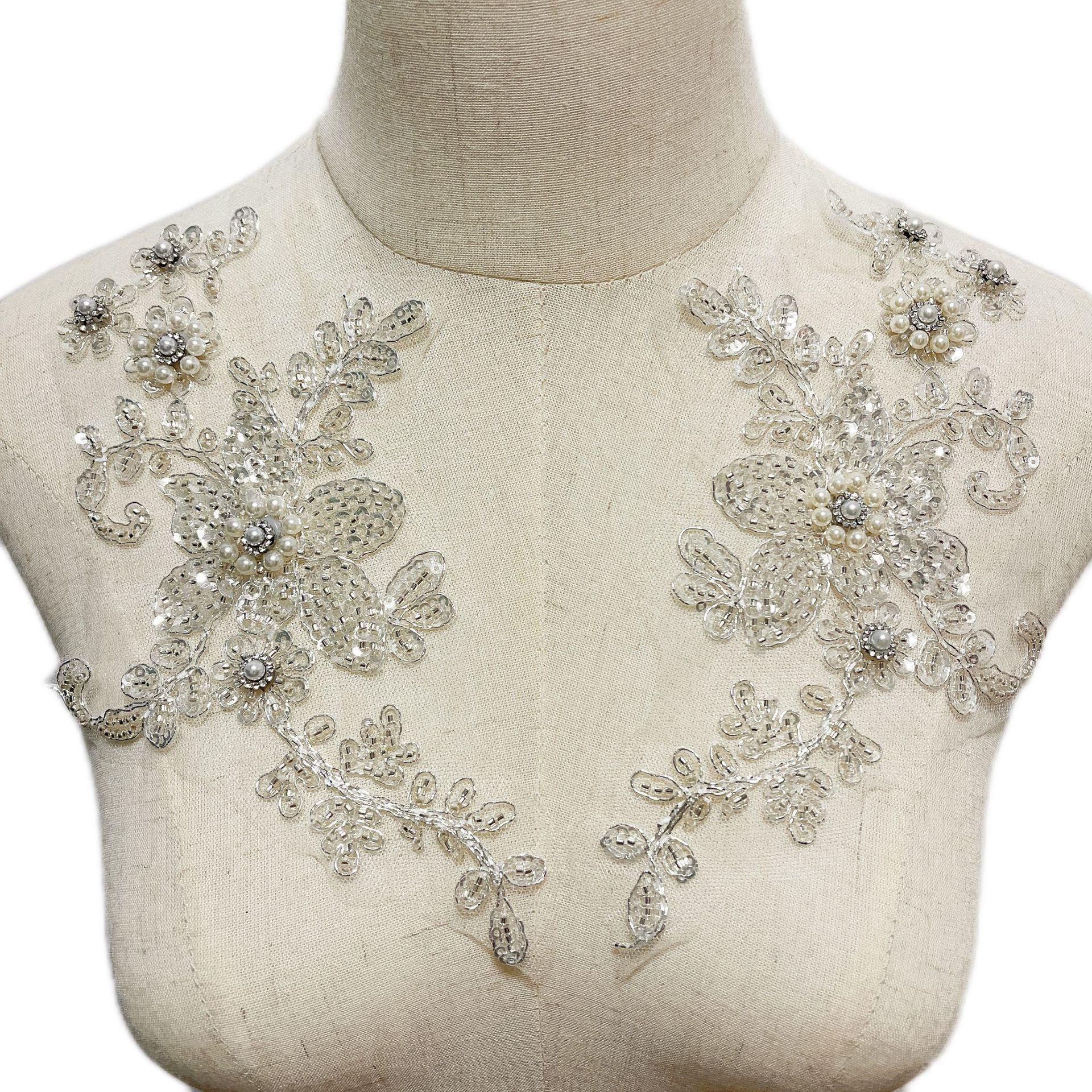 Women s Collar Lace Flower Beaded Diamond Pearls Applique for Wedding Garment белый