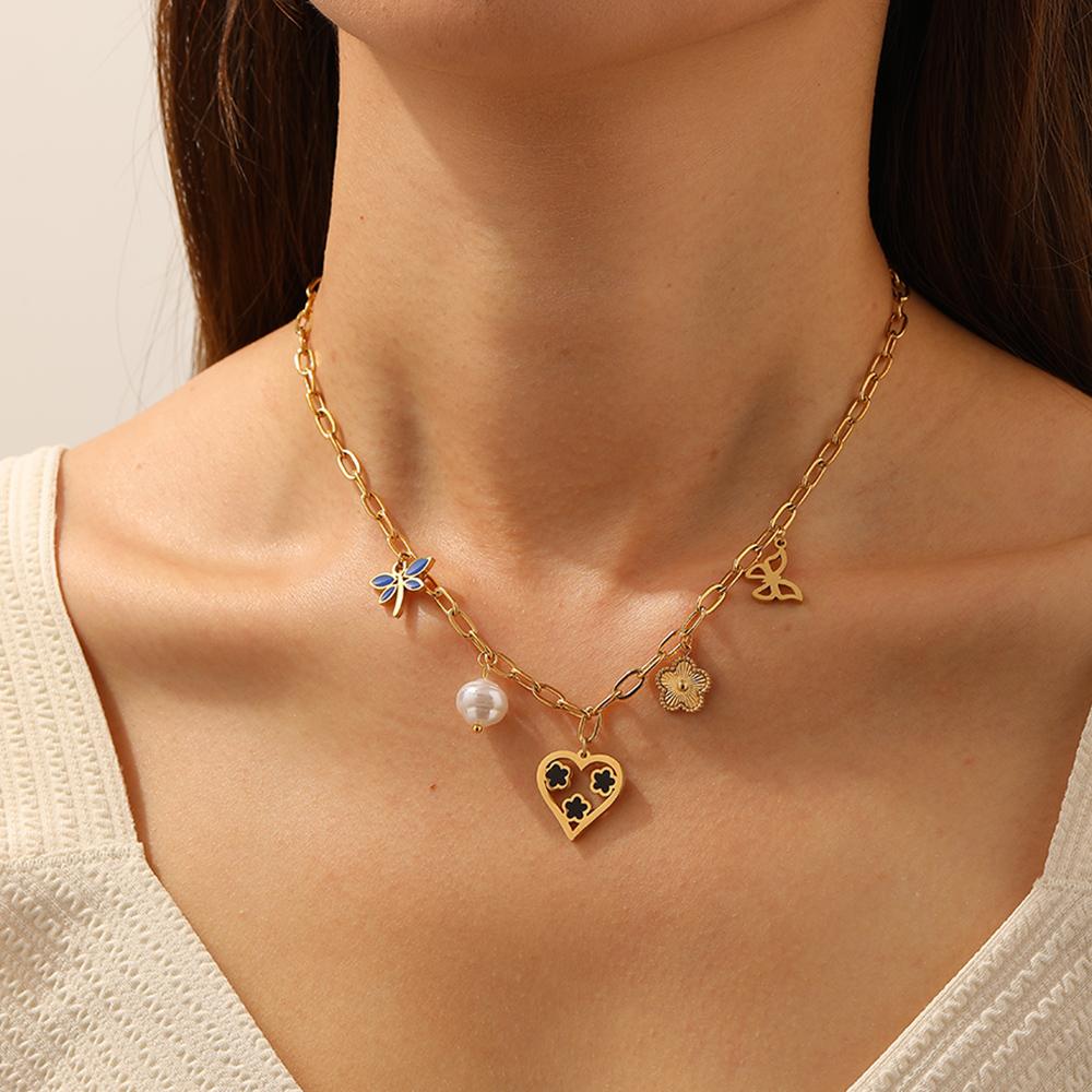 316L Stainless Steel Creative Design 5-Leaf Flower Hollow Heart Butterfly Dragonfly Necklace Women Classic Neck Chain