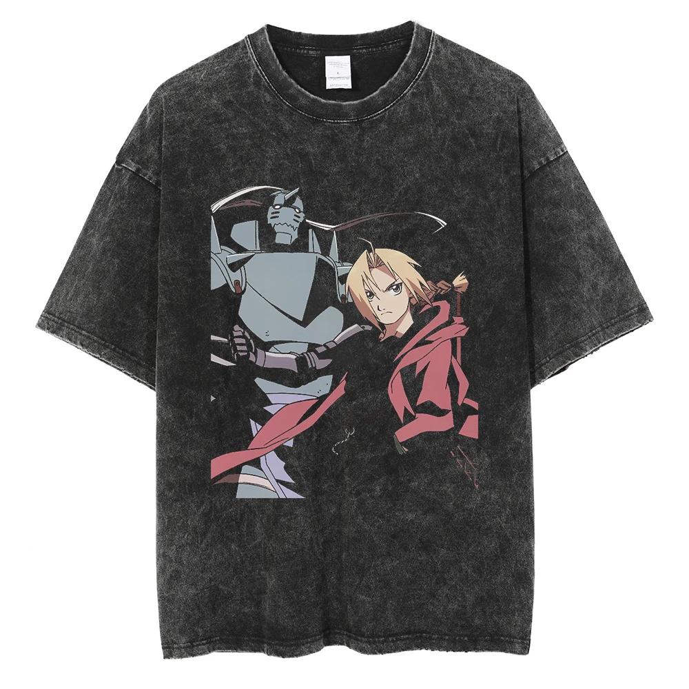 Hip Hop Washed Vintage T Shirt Streetwear Tops Japanese Anime Fullmetal Alchemist Print Tshirt Cotton Casual Summer Tshirts