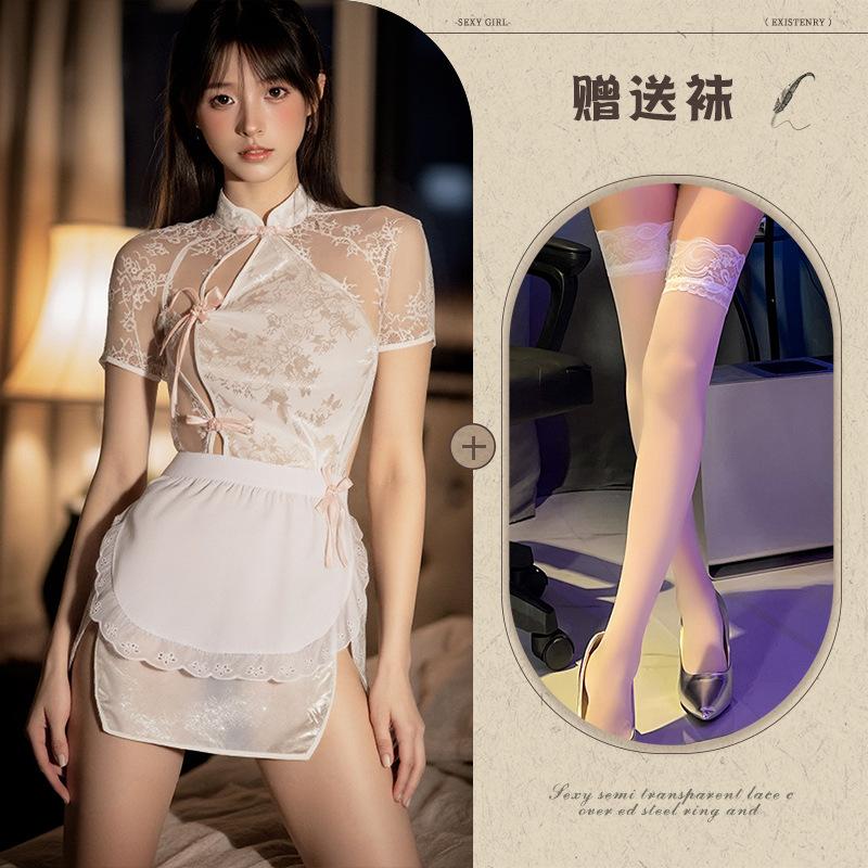 Sexy women's summer new Chinese lace temptation cheongsam uniform nightdress retro hollow back