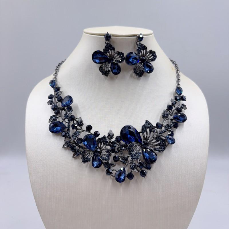 Sparkling Colorful Crystal Gemstone Necklace Earring Set Women Wedding Party Stage Accessory Floral Fashion Jewelry