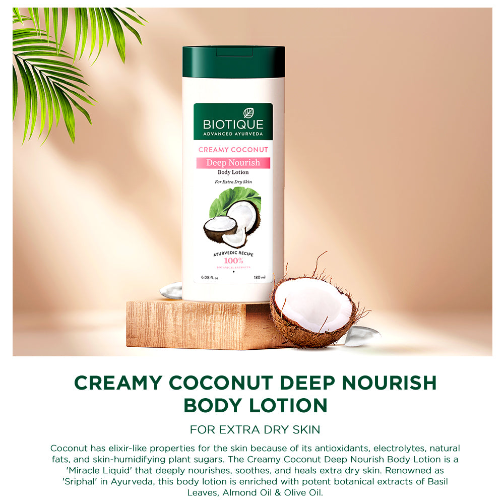 Biotique Creamy Coconut Body Lotion 180ml For Dry Skin, Deep Nourish & Repair, 100% Botanical Extracts, Moisturizing Hydration