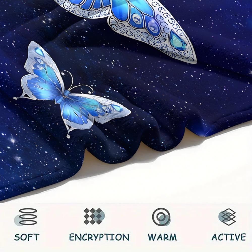 1Pc Blue Butterflies Print Flannel Blanket, High Quality Comfortable for All Seasons, Home Decor, Warmth and Comfort, Perfect for Christmas Gifts
