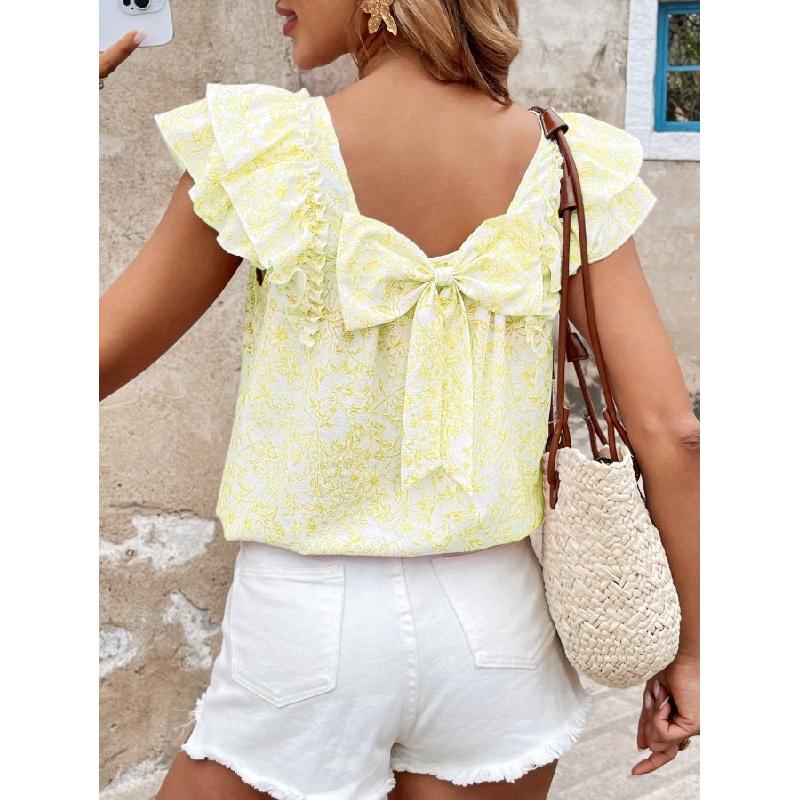 2026 Women's Printed Summer Fashion Casual Top with Back Bow and Double-Layer Pleats Short Sleeves