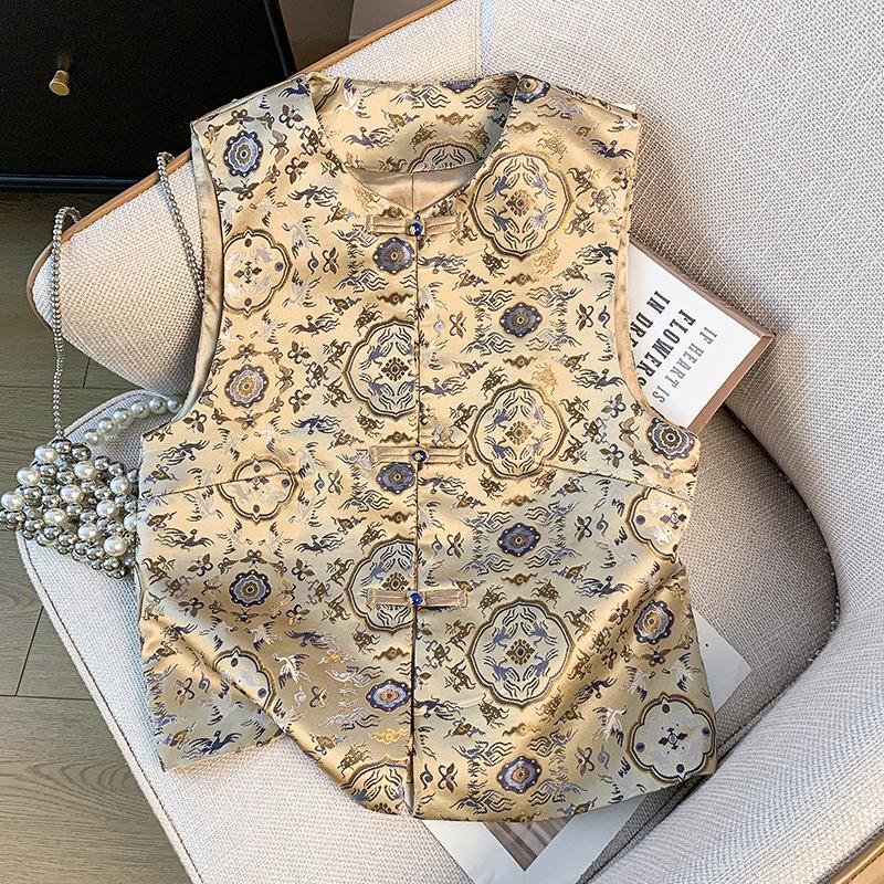 

Элегантный женский жилет в китайском стиле с застежкой-пуговицей-лягушкой, из жаккарда с вышивкой Extra Large цветочный
