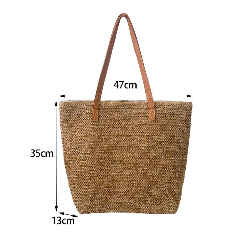 Natural Woven Straw Shoulder Bag With Zipper Closure For Summer Beach And Travel