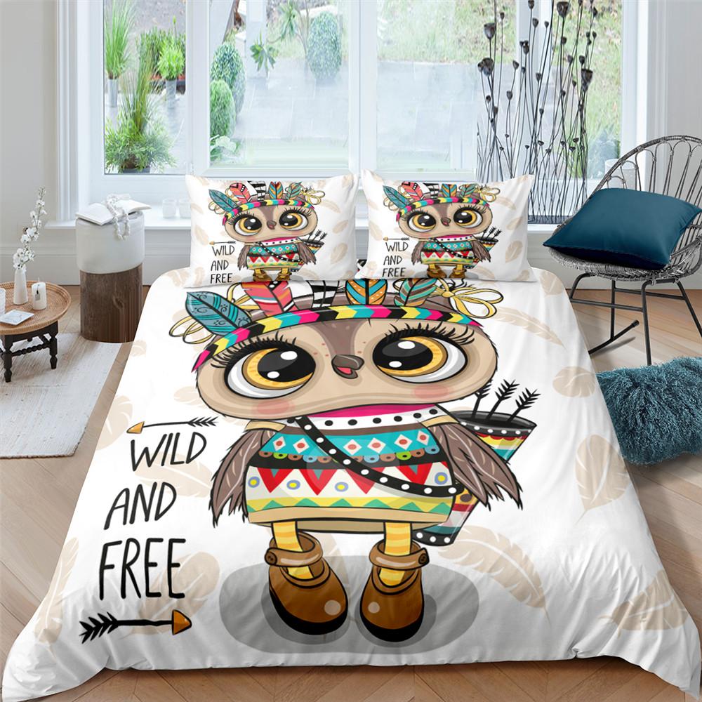 Cartoon Owl King Queen Duvet Cover Gray Cute Animal Bedding Set Pink Orange Grey Flowers Comforter Cover Polyester Quilt Cover