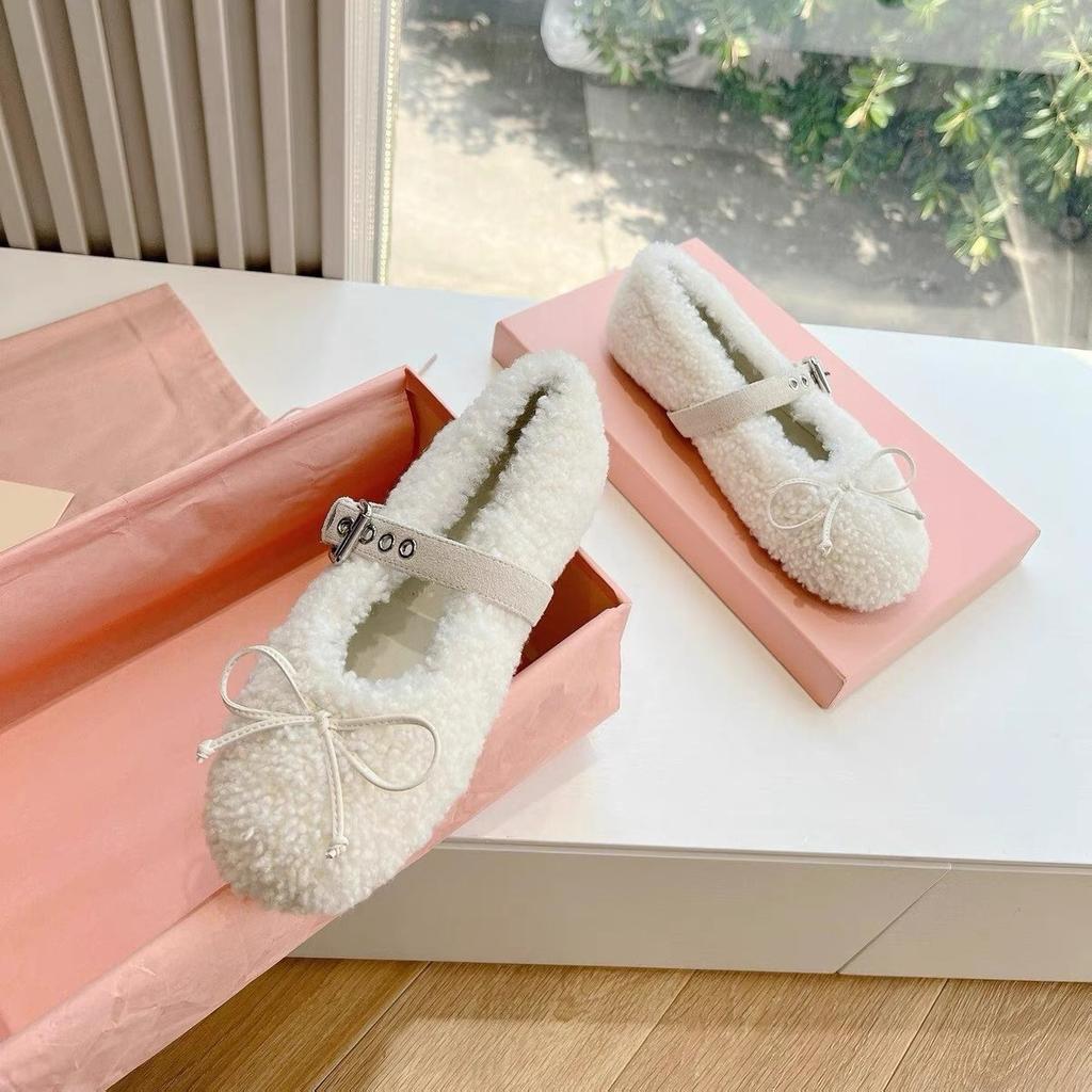 Bow-tie Fluffy Ballet Shoes Women's Round Head Wool Integrated Casual Warm Thick-soled Flat-soled Single Shoes