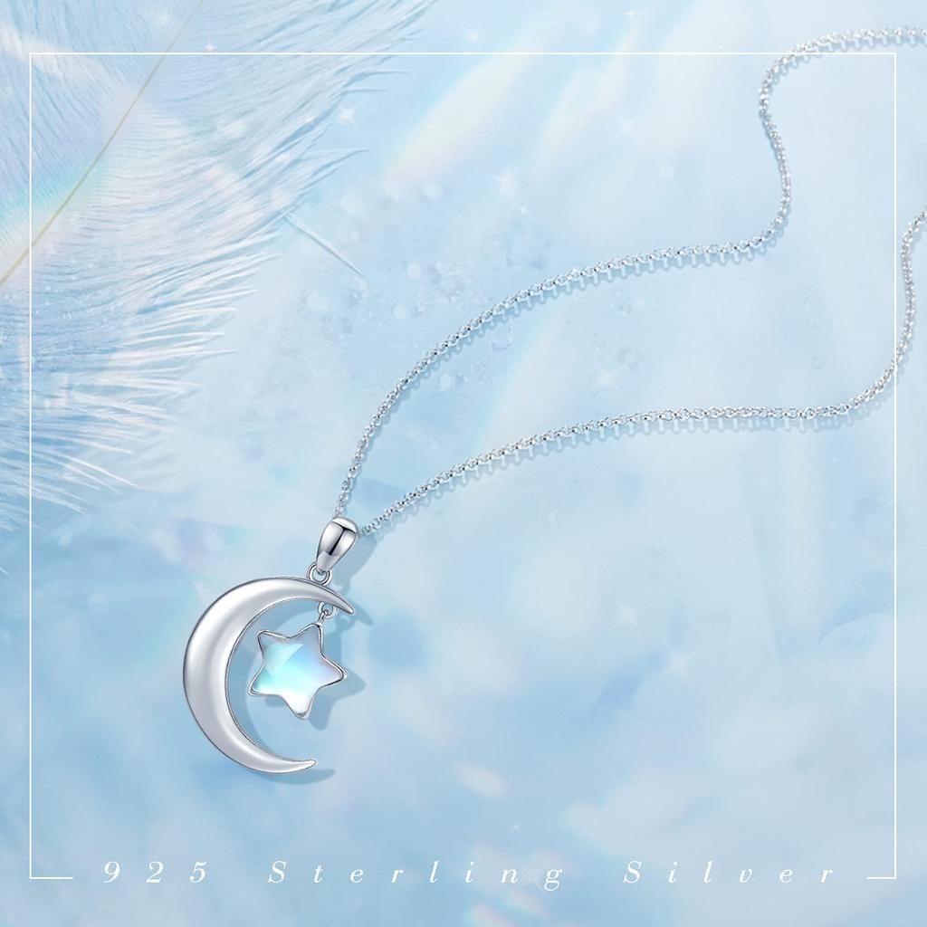 CUOKA MIRACLE Moonstone Necklace Moon Star Necklace 925 Sterling Silver Crescent Moon and Star Pendant Necklace Synthetic Rainbow Moonstone Star Moon