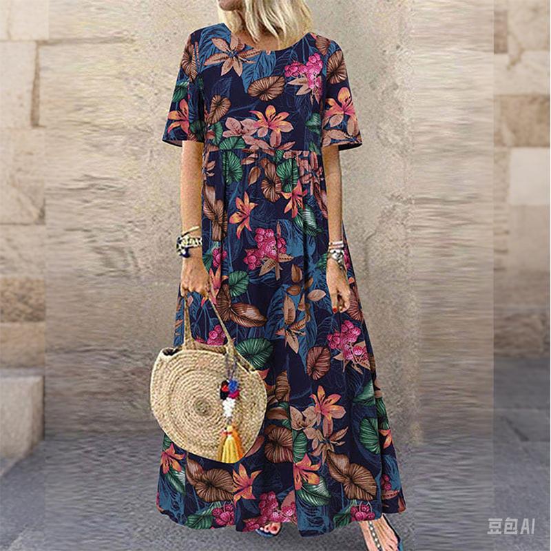 

Летнее платье с цветочным принтом - женское платье макси с круглым вырезом, повседневное, с коротким рукавом, свободное, для пляжного отдыха 5XL синий