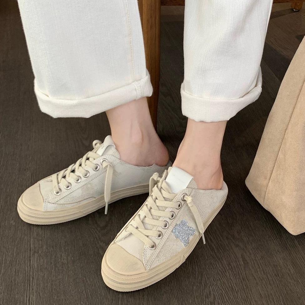 Retro lace-up star casual board shoes women's 2025 new leather soft waxy flat bottom versatile white shoes