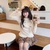 Hong Kong Style Women's Heart Polka Dot Long Sleeve Thermal Fleece T-shirt, Light Apricot Lace Patchwork, Autumn/Winter.