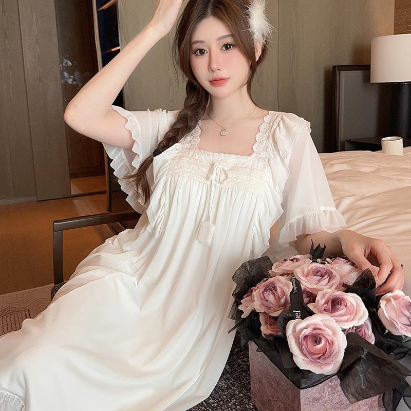 Linglei Summer Solid Color Lace Bow Mesh Court Princess Style Long Nightdress Pajamas Loungewear Women
