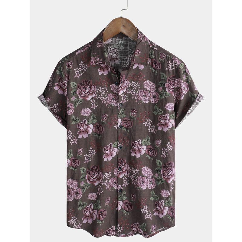 Retro floral print short sleeved shirt for men's casual lapel single breasted shirt 3D printed polyester short sleeved shirt