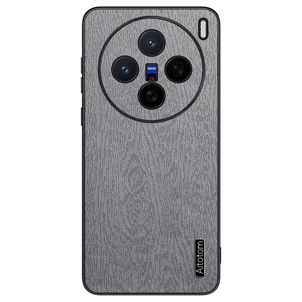 

For vivo X200 5G Case Wood Texture PU Leather Coated PC+TPU Phone Cover Grey