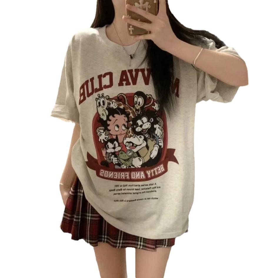 Dam T-shirt med korta ärmar i 100% ren bomull - Amerikansk stil, Sommar 2024, Lös passform, Chic & Mångsidig.