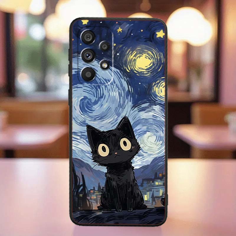 Cute Cartoon Cat Illustration For Samsung A41 A35 A34 A33 A32 A25 A24 A23 A21s A06 A05 A04 A03 Note 10 20 Ultra 5G Black Case