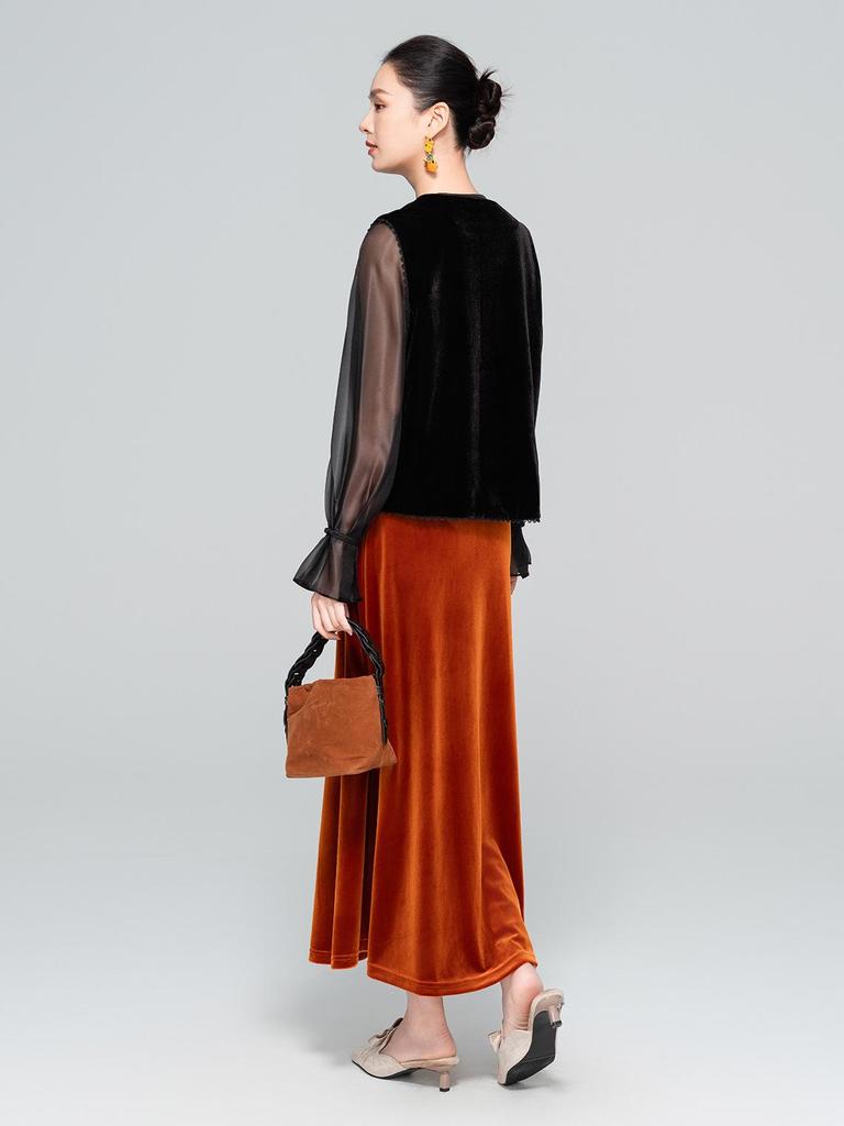 Samt-Fischschwanzrock mit hoher Taille - Damen Schlankmachend A-Linie, Nationalstil, Neu Herbst 2025