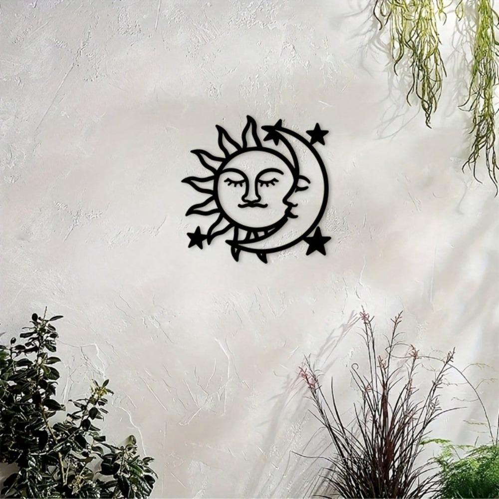 Sonne Mond Metall Wandkunst Schwarzer Sternenhimmel Dekoration für Wohnzimmer Schlafzimmer Arbeitszimmer Innen Außen Hausdekoration
