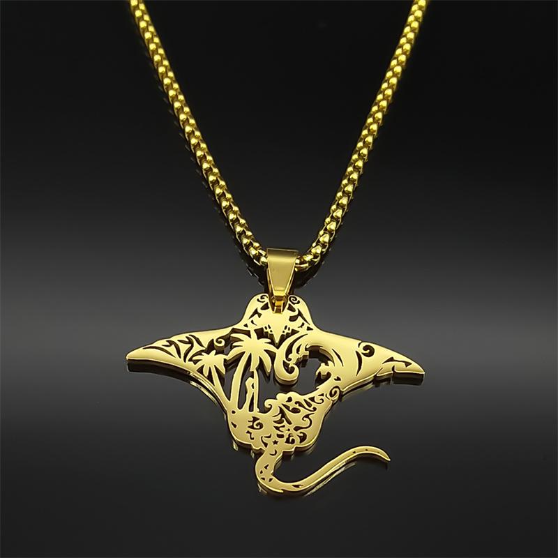 Cute Manta Ray Pendant Necklace Stainless Steel Gold Silver Color Nature Chain Jewelry For Women Men