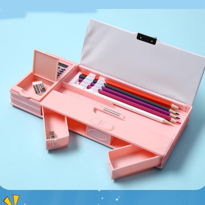 Multifunctional Calculator Pencil Case: Large Capacity Plastic Stationery Box for Primary School Students