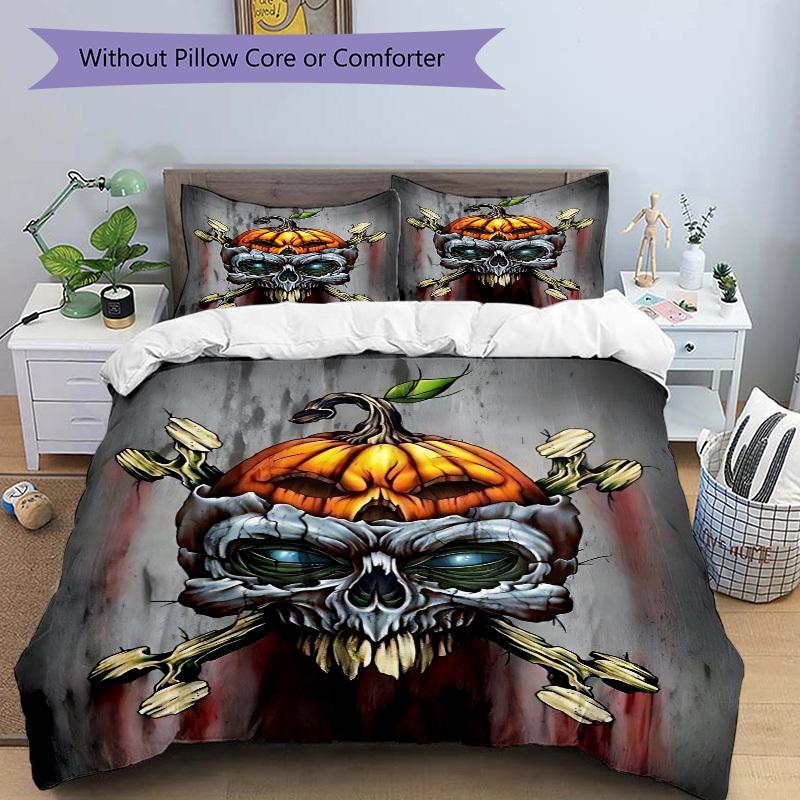 3pcs bedding set Pumpkin Skull Includes 1 Comforter + 2 Pillowcases, Without Pillow Inserts, Soft Comfortable, Lightweight Breathable, Print
