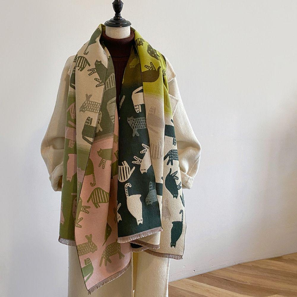 Korean Style Cat Knitted Scarf Thickened Cashmere Shawl Trendy Kitty Jacquard Weave Scarf  Winter