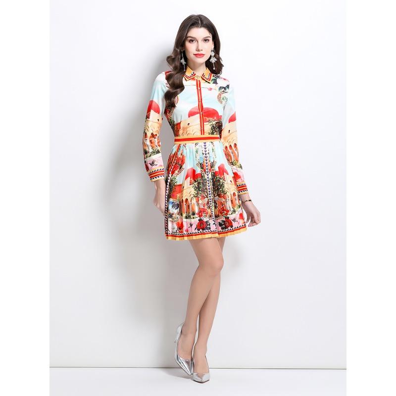 Spring Summer Designer Runway Print Letter 2 Piece Set Women's Lapel Shirt + Mini Short Pleated Skirt Office Lady Suits