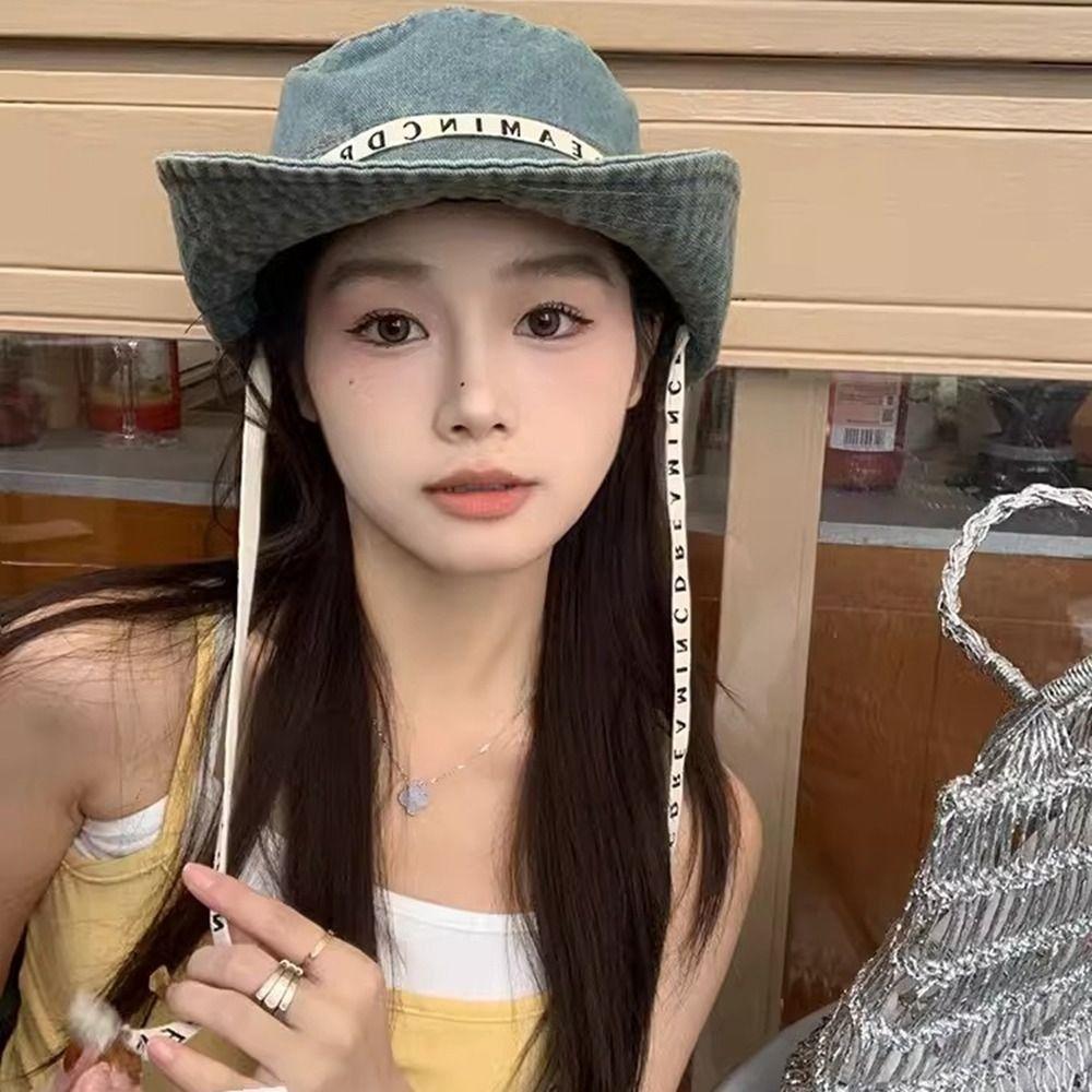 With Tie Belt Denim Bucket Hat Big Brimmed Sunscreen Hat Sweet Jeans Fisherman Hat  Outdoor