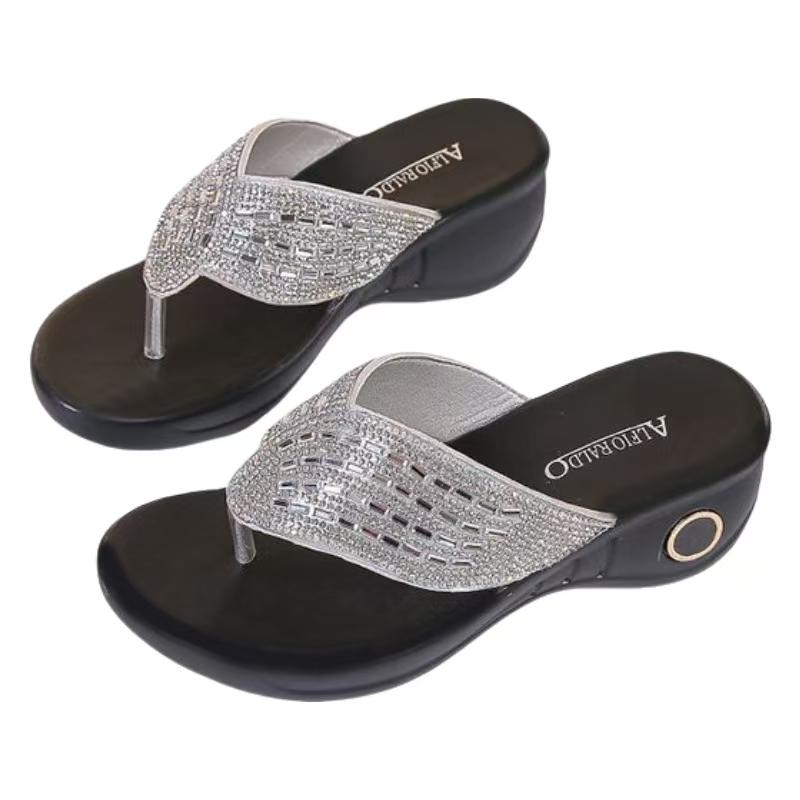 Women Wedges Rhinestone Flip Flop Slippers Summer New Thick Sole Lightweight Fashionable Outdoor Modern Slippers Sandals