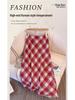 Plus Size Retro Red Plaid Woolen High Waist Slimming Mid-Length Skirt for Autumn/Winter.