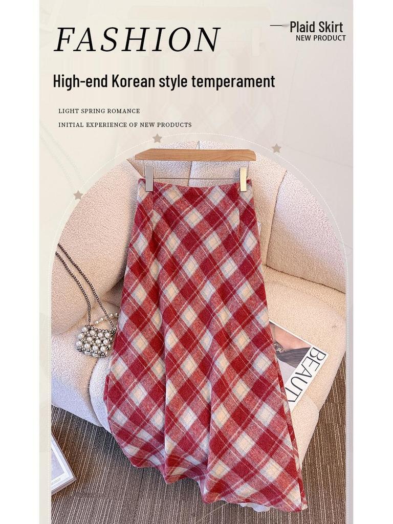 Plus Size Retro Red Plaid Woolen High Waist Slimming Mid-Length Skirt for Autumn/Winter.