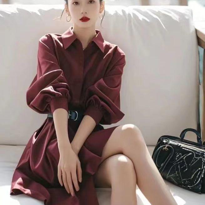 2026 Spring/Summer French Waist-Cinched Slimming Shirt Dress Women's Fashion