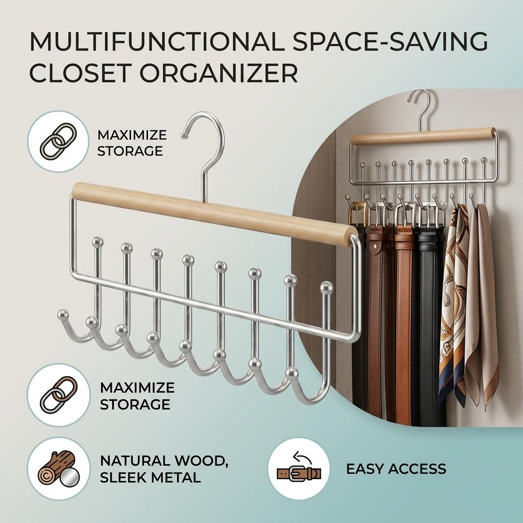 Solid Wood-Wave Multi Functional Hanger Underwear Vest Dormitory Storage Hook For Standard Wardrobe-Rod