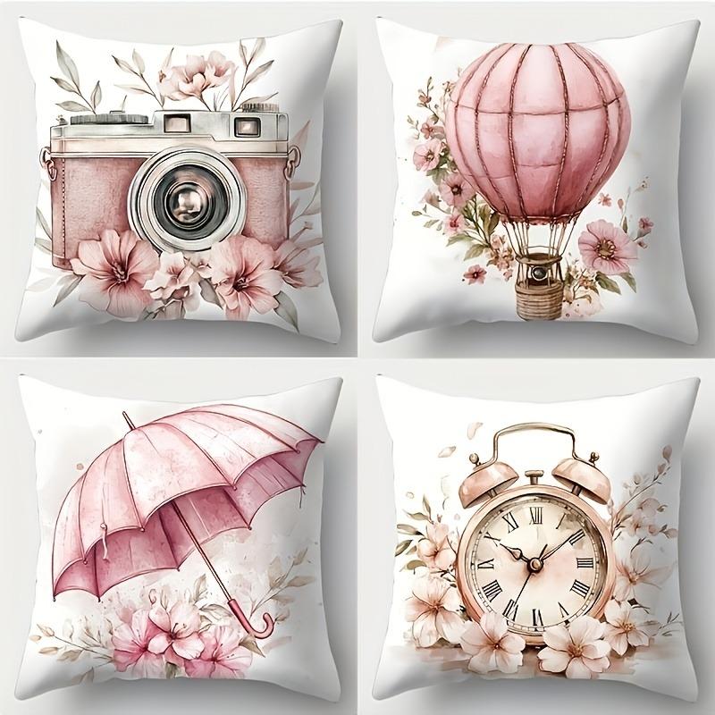 

4 Pack Delicate Watercolor Cushion Covers 45x45cm Romantic Pink Theme: Camera, Balloon Umbrella & Antique Clock for Bedroom Sofa 35x35cm 4pcs