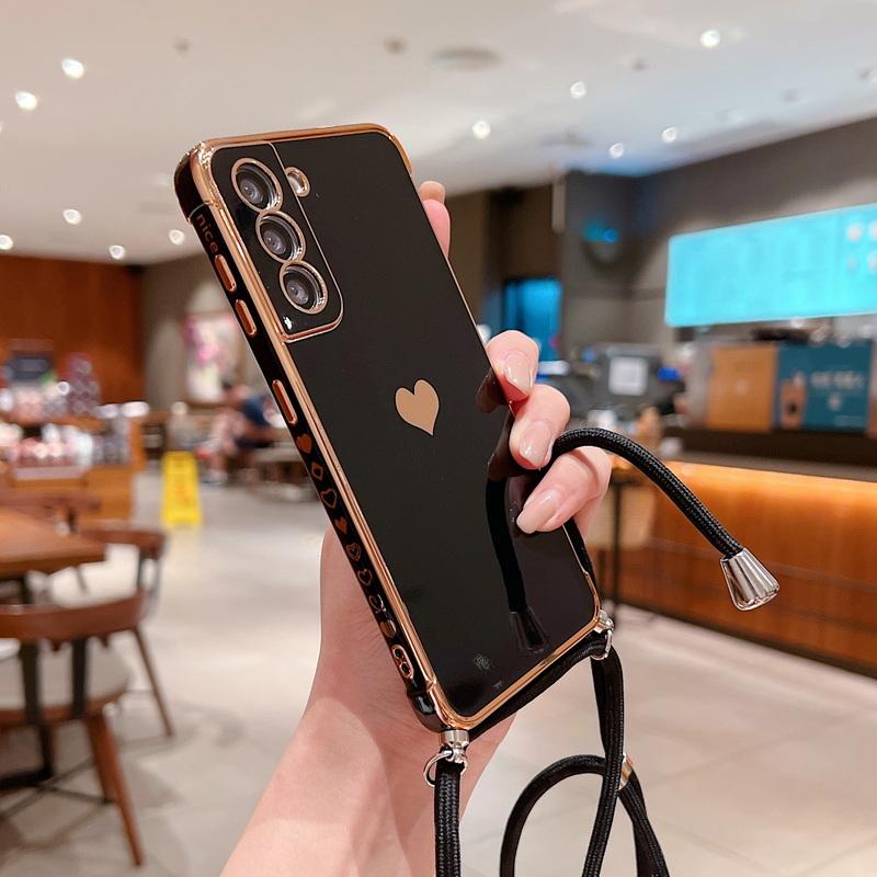 Crossbody Strap Cord Phone Case For Samsung Galaxy S25 S23 S24 Ultra S24 FE A35 A15 A16 A55 A54 5G Plating Heart Lanyard Cover