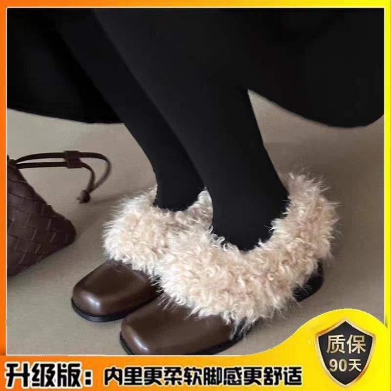 Cowhide version~ Square head fluffy shoes with fleece to keep warm retro Mary Jane small leather shoes thick heel single shoes temperament high heels
