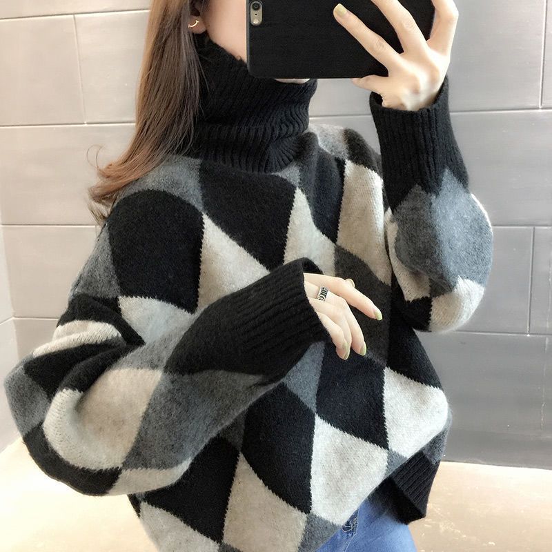 High Neck Sweater with Thickened and Loose Fit for Outerwear Korean Version Diamond Pile Collar Popular Pullover