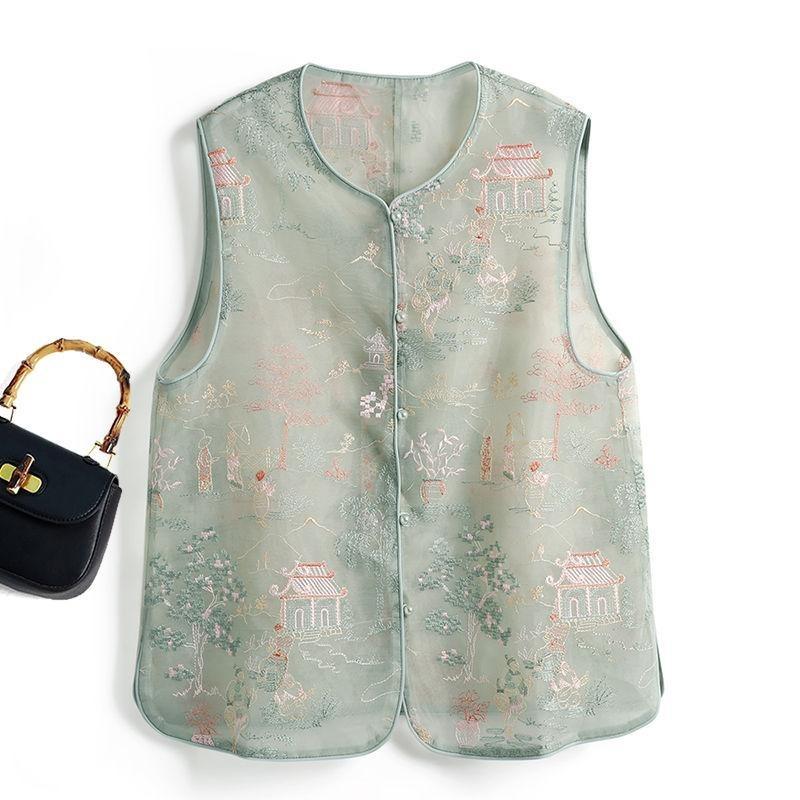 

Вышитый жилет женский летний тонкий вышитый с круглым вырезом универсальный жилет весна и осень M (under 50kg recommended)