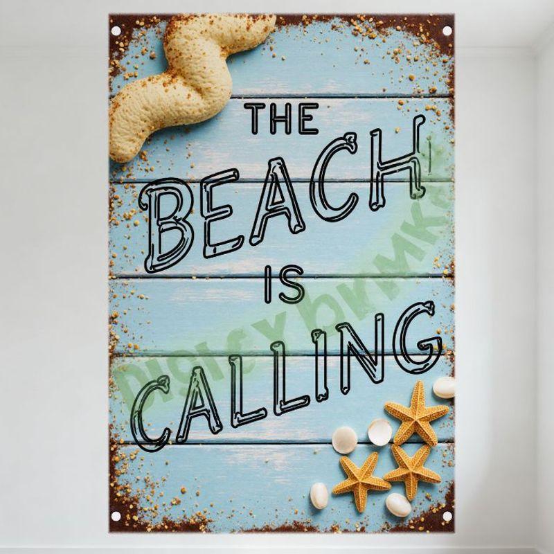 

THE BEACH IS CALLING Metal Tin Sign, Light Blue Wooden Planks Background with Seashells, Starfish Rusty Brown Border Gold Specks 20x30cm（7.8x11.8inch）