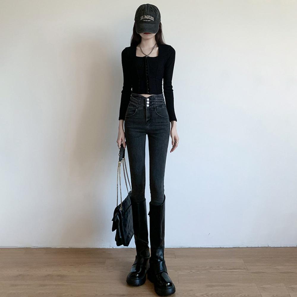High Waist Tight Jeans Women's Pencil Spring and Autumn New Korean Version Slim and Thin Versatile Small Feet Trousers Ins Tide