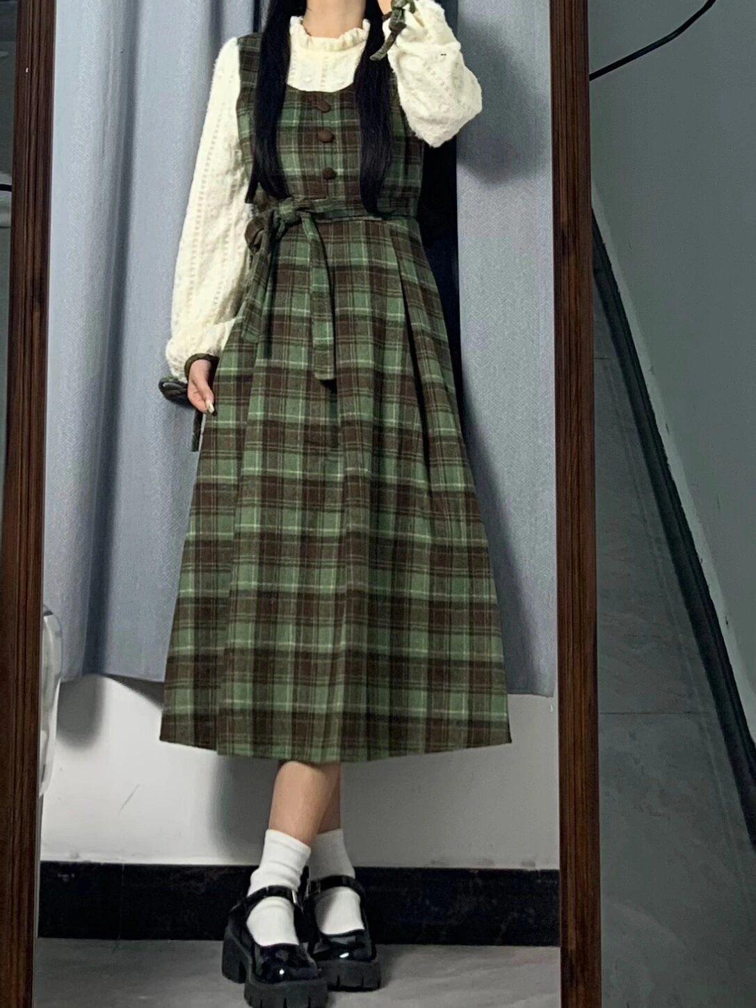 

Green Plaid Puff Sleeve Waist-Cinched Two-Piece Patchwork Dress for Female Students - Slimming Long Dress for Spring and Autumn Large