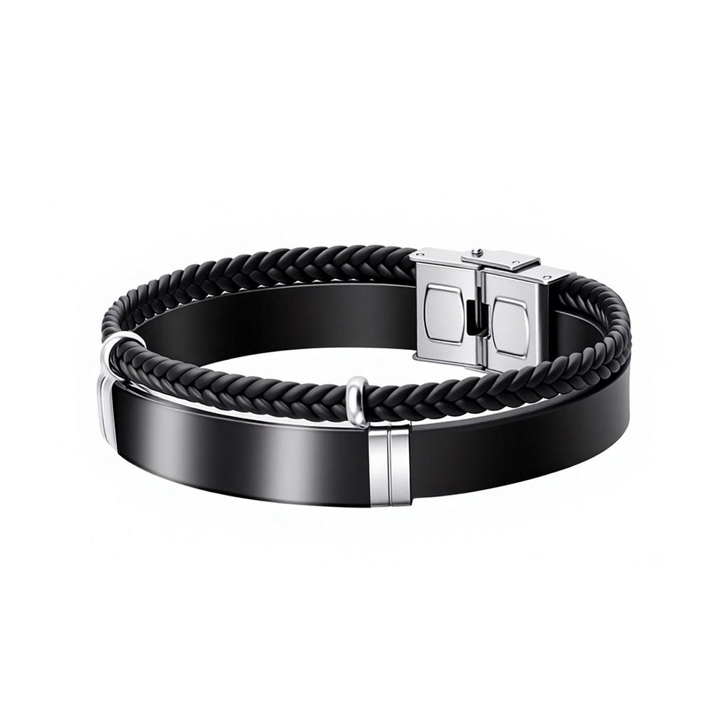 European & American Minimalist Braided Leather Bracelet with Engravable Stainless Steel Plate