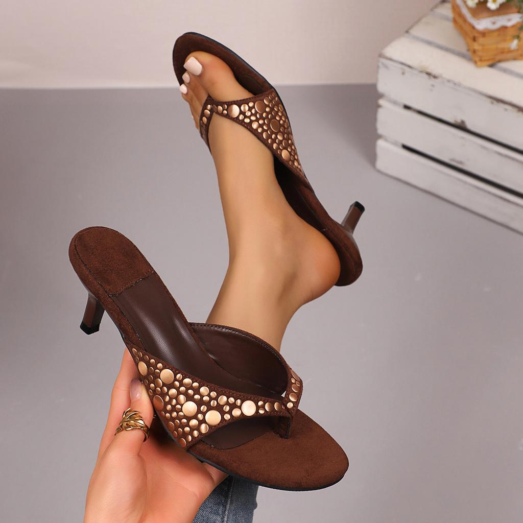 2025 Summer European and American Fashion Toe High Heel Solid Color Metal Decoration Women Round Head High Heel Slippers Foreign Trade