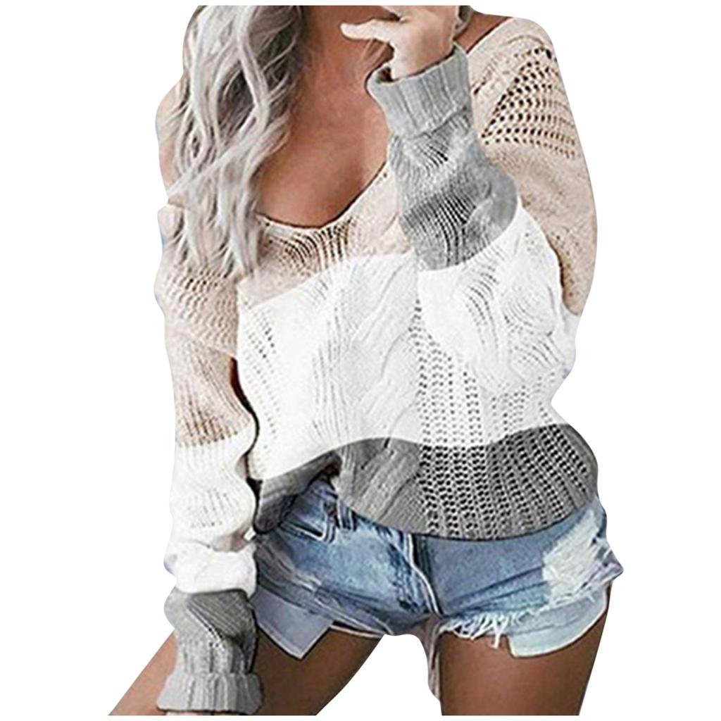 Womens Lady V-neck Sweater Casual Patchwork Loose Long Sleeve Tops Slim Fit Pullover